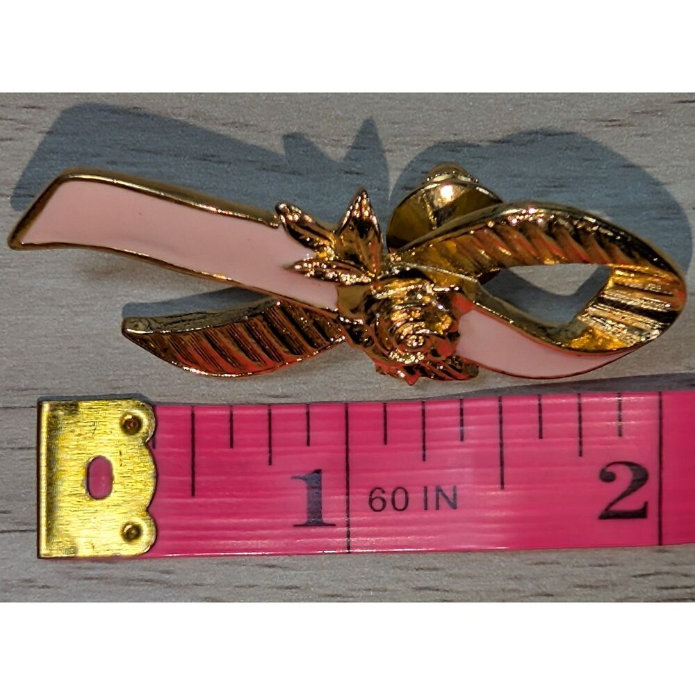 Vintage Avon Pink Ribbon Floral Gold Tone Enamel Awareness Lapel Pin Brooch